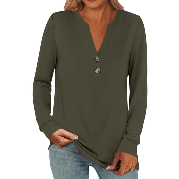 Blouses for Women Dressy Casual, Yigetop Women Fashion Casual Long Sleeve Buttons Solid Color Tops Shirts Blouses Tops Oversized Blouses for Women Coffee 3XL