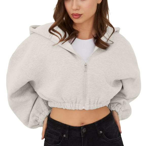 Blouses For Women Dressy Casual Zip Up Cropped Cardigan Jacket Drawstring Hooded Sweatshirt Casual Long Sleeve Top With Pockets Polyester White Womens Blouses Size S