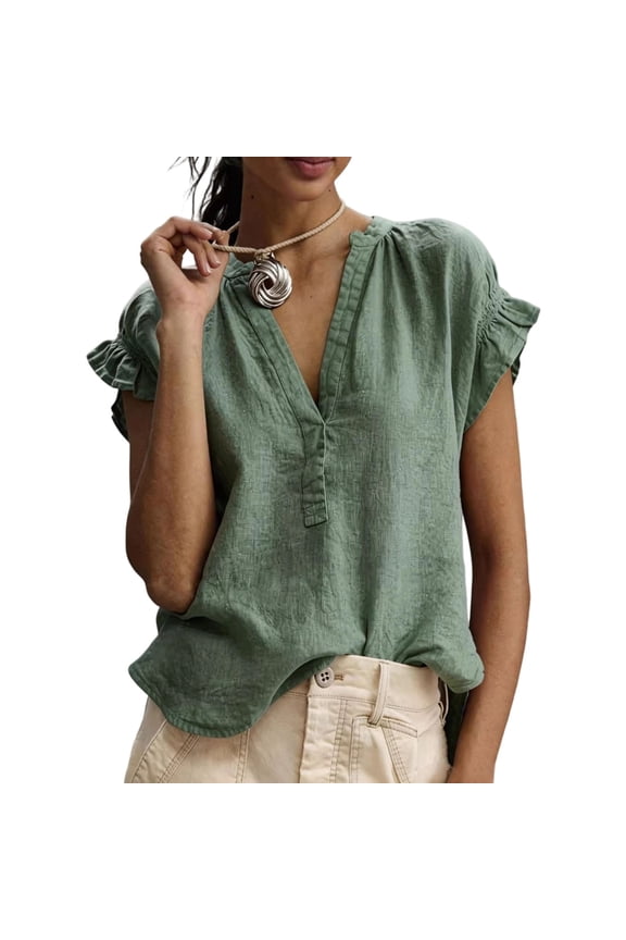 Blouses for Women Dressy V Neck Ruffle Sleeve Summer Tops Flowy Shirts Lightweight Soft Beach Blouse Solid Color Tunic Boho Tees Casual Clothes(Green,L)