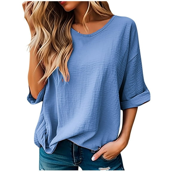Wo-Fusoul Women's Solid Color Round Neck 3/4 Sleeve Top, Casual Daily & Spring Autumn Wear