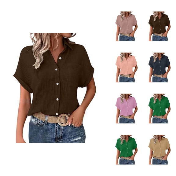 Blouses for Women – Long Sleeve Blouse for Work Dressy Casual Tops for Office Wear or Professional Meetings Ladies' Fashionable And Casual Solid Color Batsleeved Button Short Sleeved Shirt