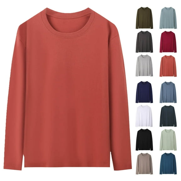 Blouses for Women Long Sleeve Crew Neck Tunic Tops Men Casual Solid Color Pocket Round Neck Long Sleeve T-Shirt Blouse Tops Gift for Girls Watermelon Red L