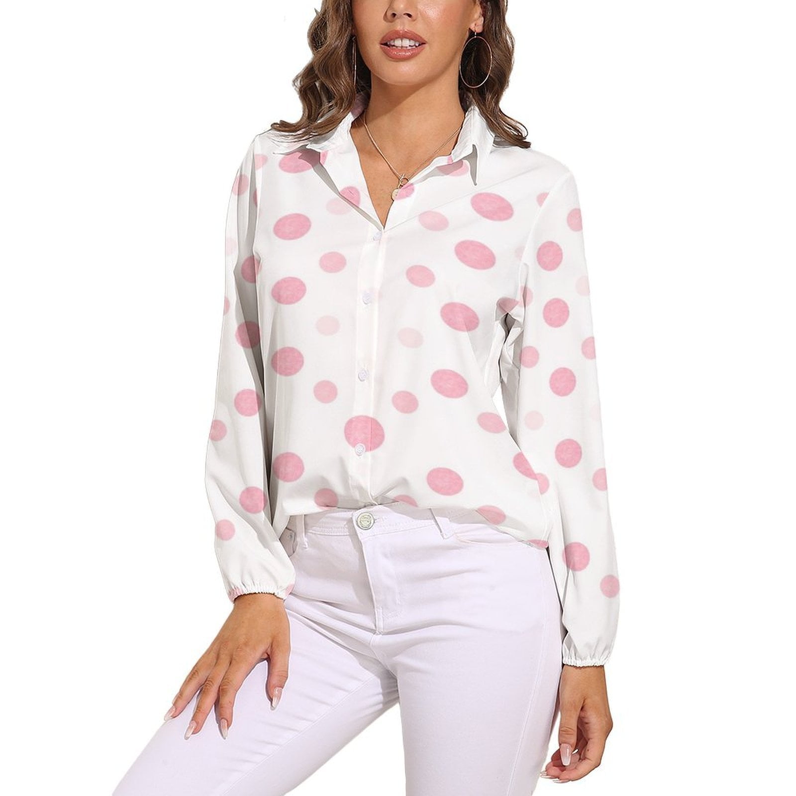 Women Pink With Fuchsia Polka Dot Pleated Collar Shirt main image 0