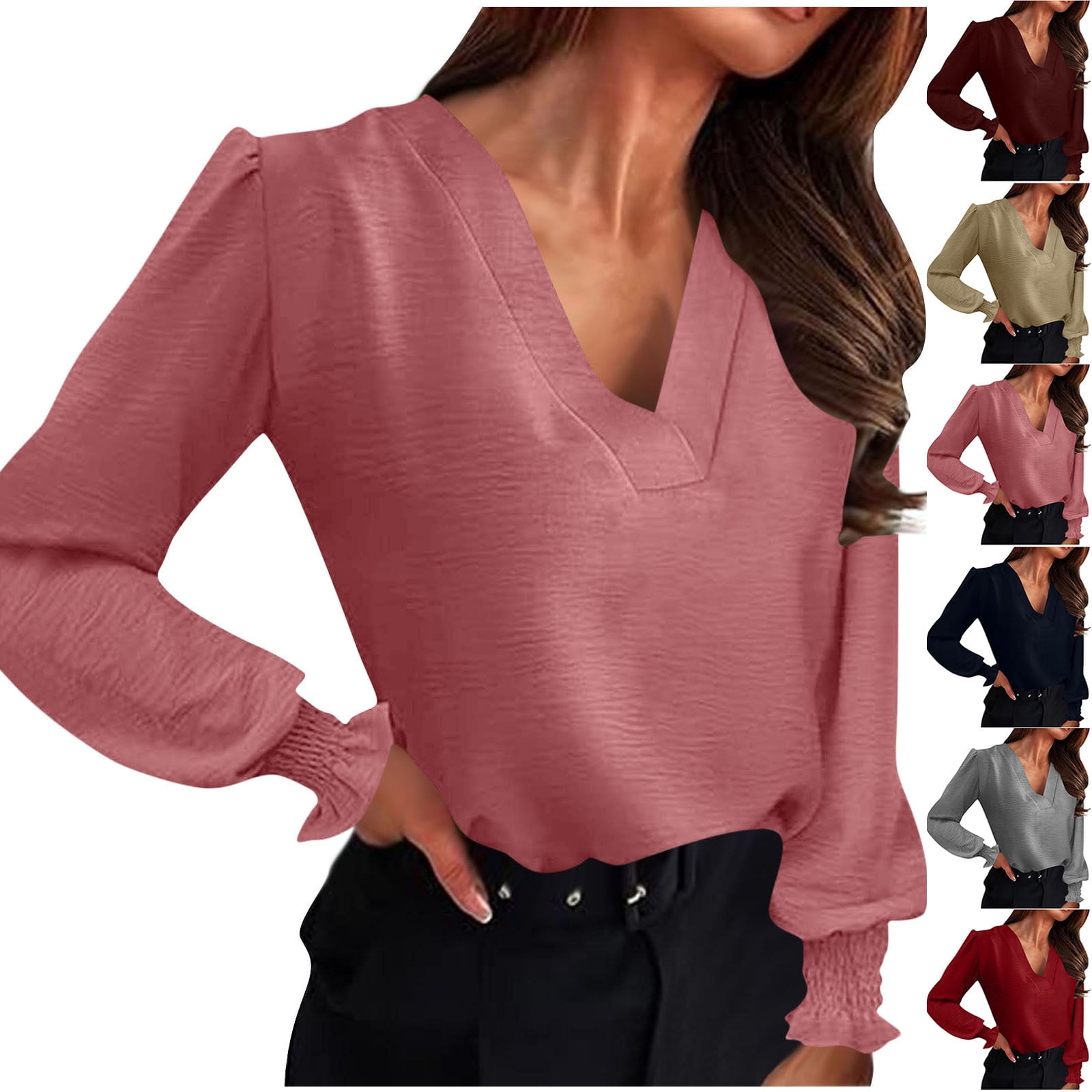 Blouses for Women Plus Size Women's Casual Fashion Solid Color Fall V