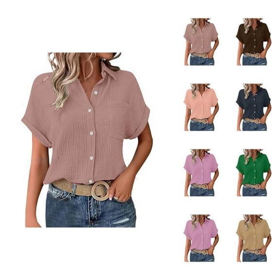 Blouses for Women – Puff Sleeve Tops V Neck Button Blouse Dressy Shirts for Work or Summer Occasions Ladies' Fashionable And Casual Solid Color Batsleeved Button Short Sleeved Shirt