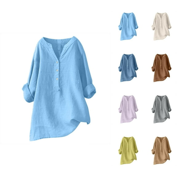 Blouses for Women – Puff Sleeve Tops V Neck Button Blouse Dressy Shirts for Work or Summer Occasions Loose Button Down Blouse Tops Stand Solid Sleeve Long Casual Women Shirt Women's Blouse