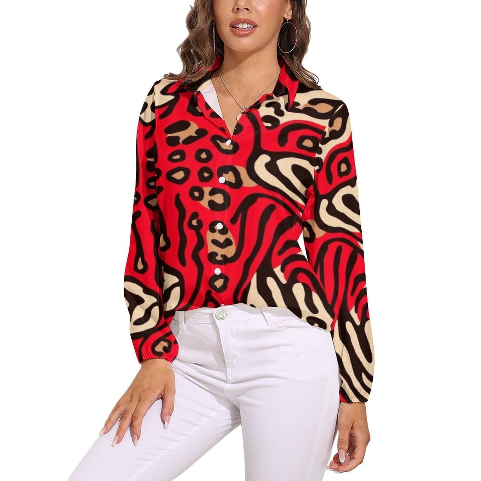 Blouses Women Red Animal Print Pattern Shirt Autumn Long Sleeve Lapel ...
