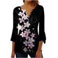 thumbnail image 1 of Womens Boho Tops 3/4 Length Vintage Henley Shirts Floral Print Flare Sleeve Tops Fashion Button V Neck Blouses, 1 of 5