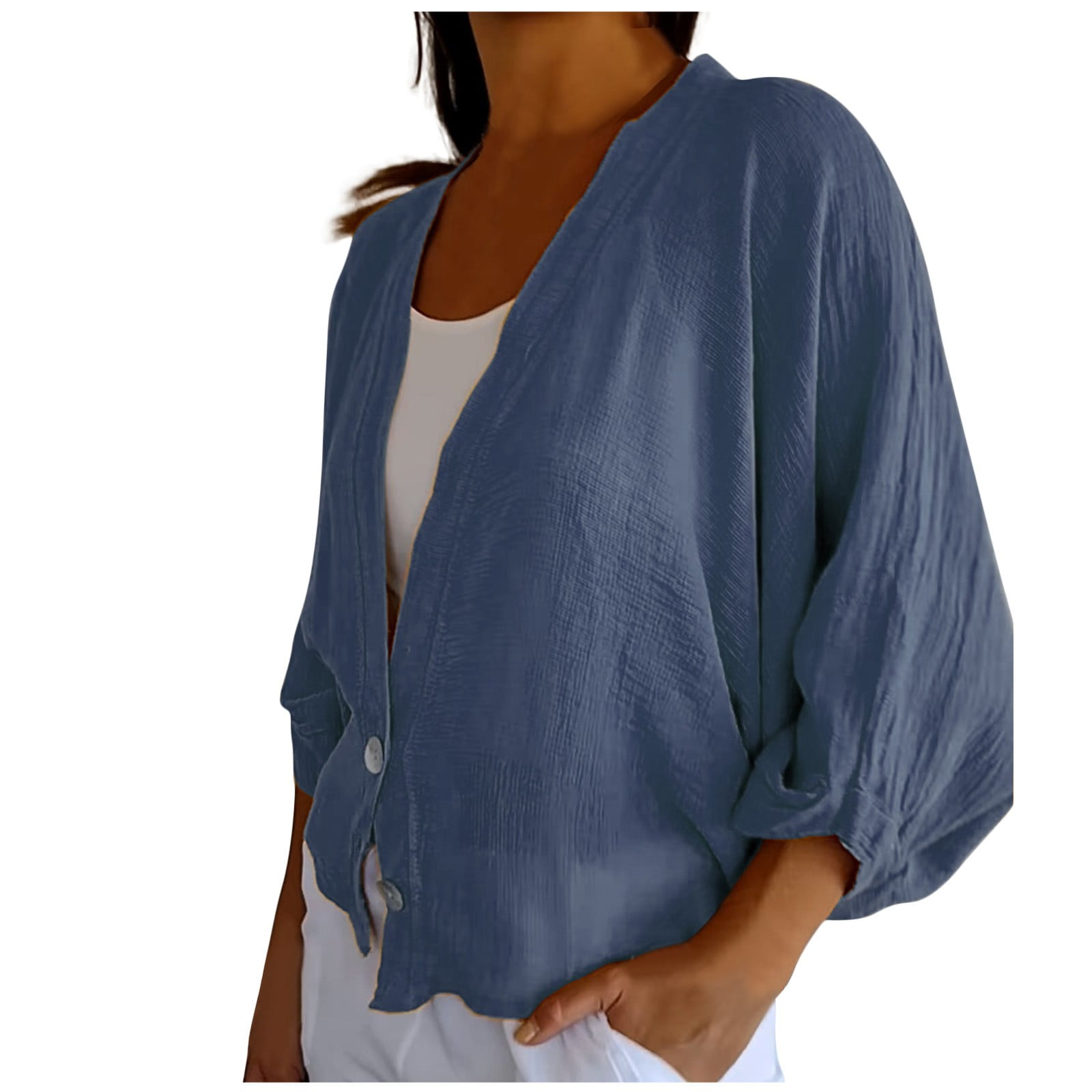Women's Button Down Solid Color Pleated V-neck Long Sleeve Loose Cardigan Streetwear Blouse