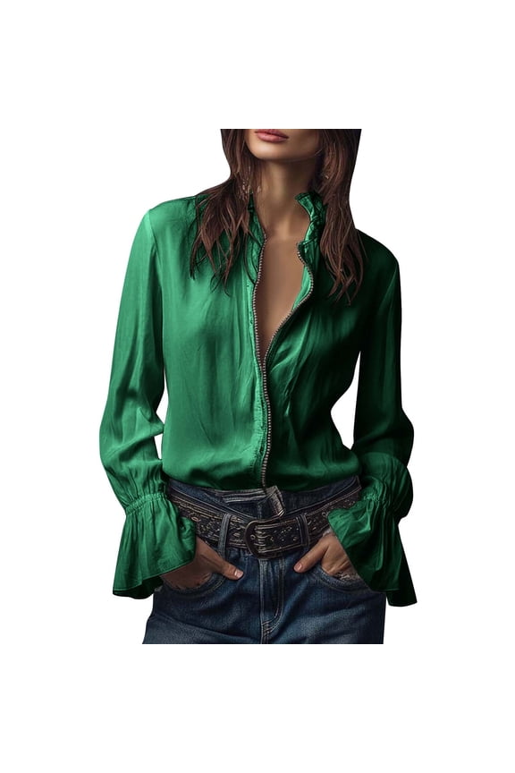 Blouses for Women Zipper Front Casual V Neck Shirts Ladies Ruffle Long Sleeve Shirt Top Vintage Blouses Ladies Tops Elegant Party Shirts Casual Smart Office Work Tops Ladies