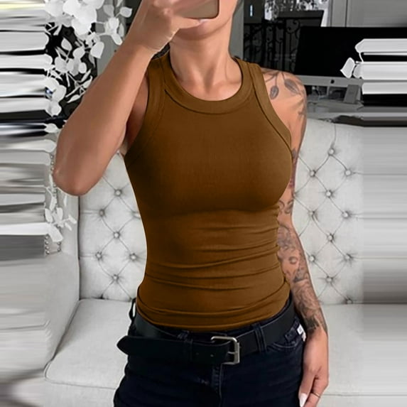 Blouses Women's Summer Fashion Casual Solid Color Round Neck Sleeveless Top Tight Tank Top Womens Tops Kagetolytai Brown L