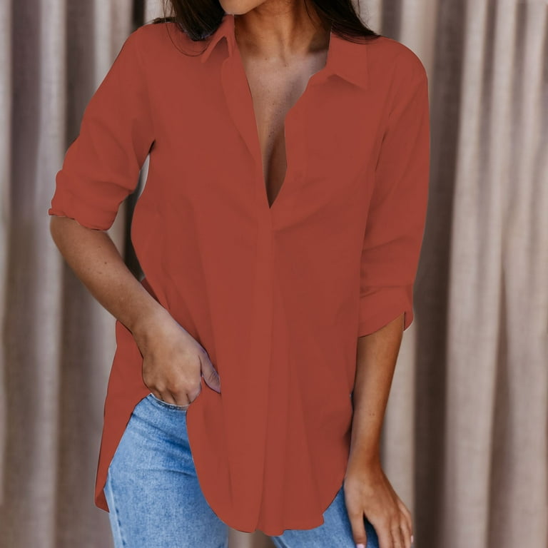 Blouses & button-down shirts Women's Summer Solid Long Sleeve V-shaped  Button Top Shirt dirndl blouse