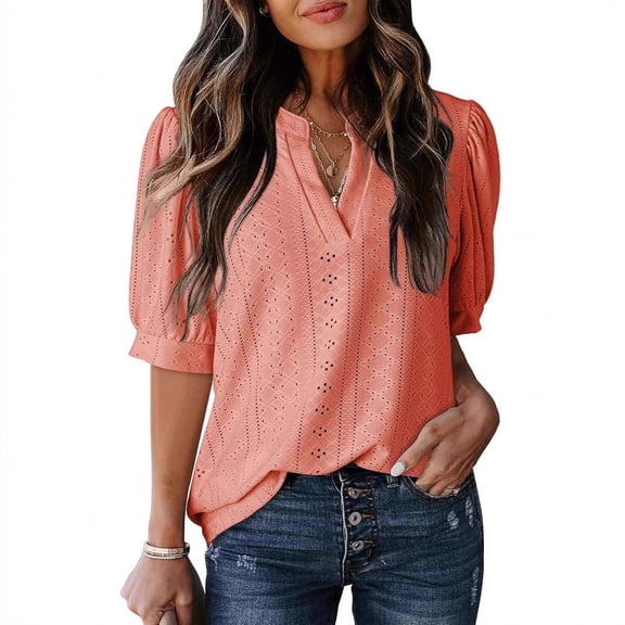 Blouses for Women 2026 Elegant Smart, Womens V Neck T Shirts Ruffle Short Puff Sleeve Tops Solid Summer Spring Clothes Trendy Outfit