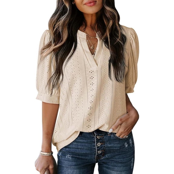 Blouses for Women 2026 Elegant Smart, Womens V Neck T Shirts Ruffle Short Puff Sleeve Tops Solid Summer Spring Clothes Trendy Outfit