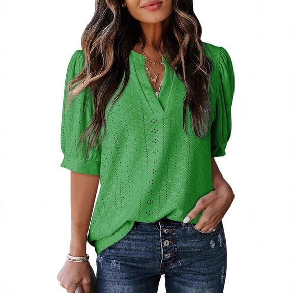 Blouses for Women 2026 Elegant Smart, Womens V Neck T Shirts Ruffle Short Puff Sleeve Tops Solid Summer Spring Clothes Trendy Outfit