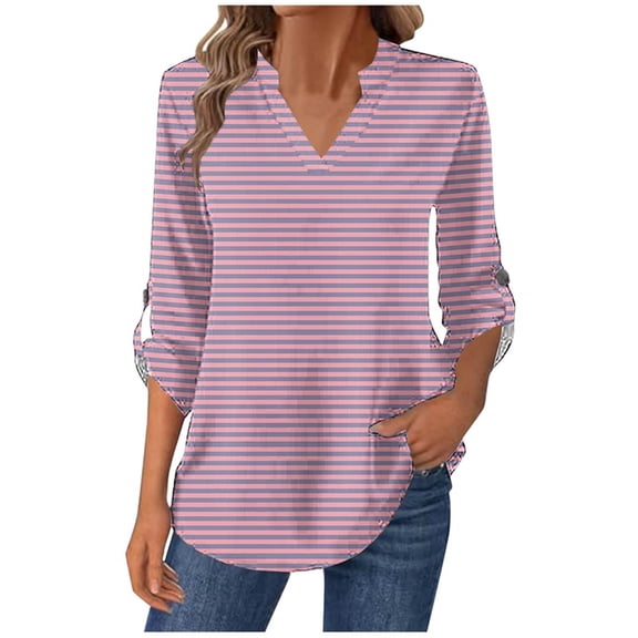 Blouses for Women 3/4 Length Sleeve Notch V Neck Roll Up Loose Fit Clothes Dressy Casual Basic Going Out Outfits Pink XL