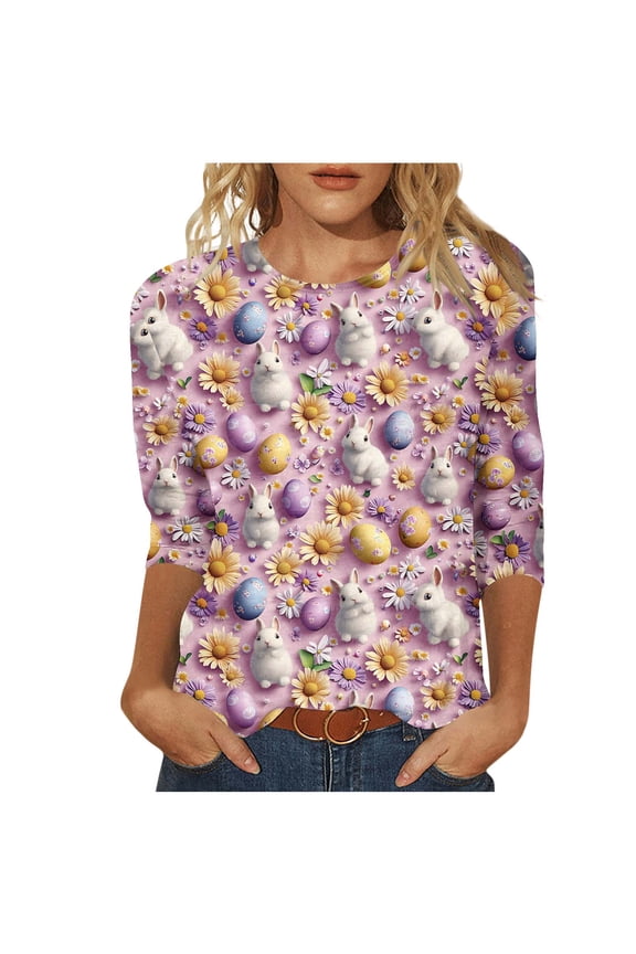 Blouses for Women 3/4 Sleeve,Easter Shirts Women's 3/4 Sleeve Plus Size Crewneck Tunic Tops Funny Bunny Graphic Tee Shirts Spring Dressy Blouses