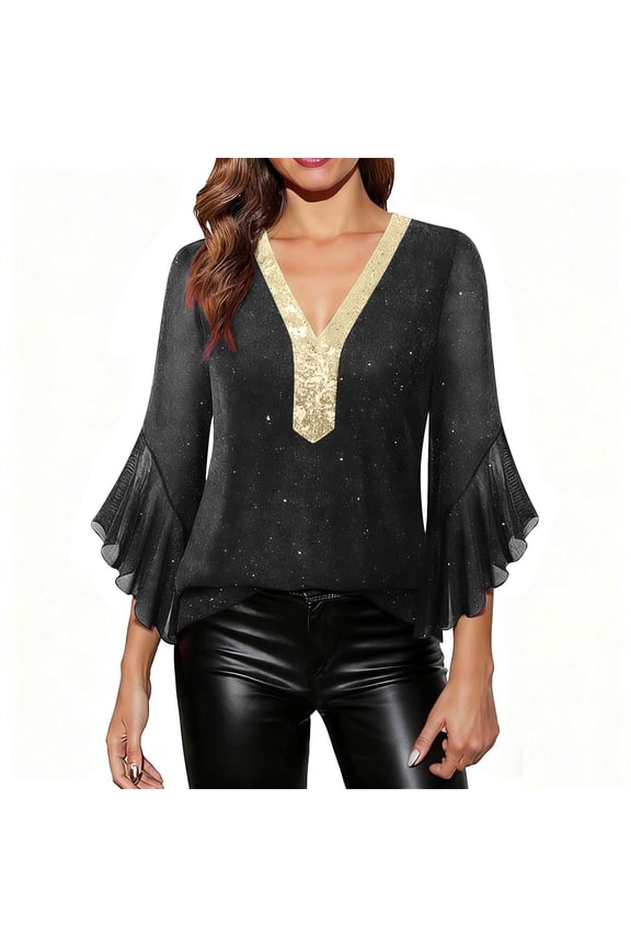 Blouses for Women 3/4 Sleeve Mesh Hot Silver Gold Sequin Patchwork Breathable Party Tops
