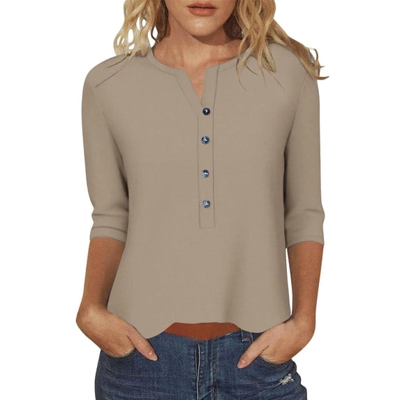Blouses for Women 3/4 Sleeve Plus Size Casual Button V Neck Three Quarter Sleeve T Shirt Tops