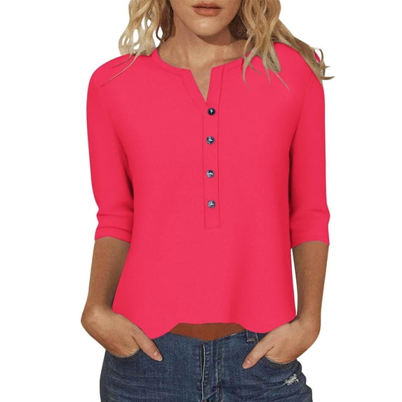 Blouses for Women 3/4 Sleeve Plus Size Casual Button V Neck Three Quarter Sleeve T Shirt Tops
