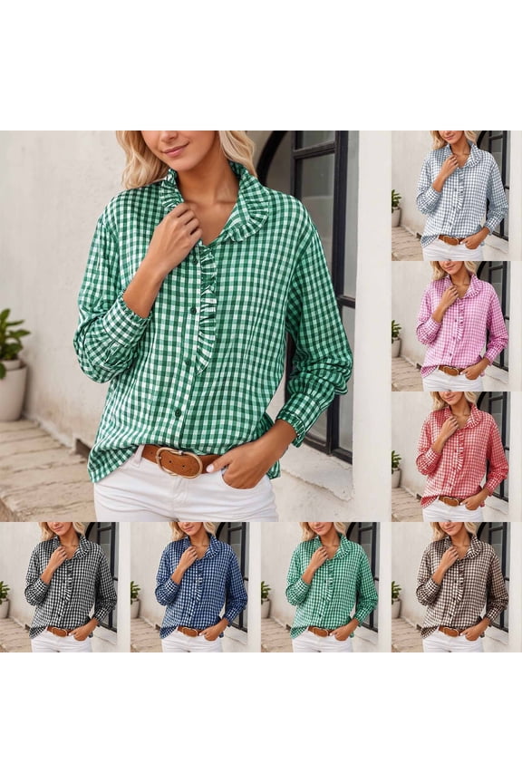 Blouses for Women Autumn Plaid Shirt French Ruffle Collar Blouse Elegant Casual Button Down Long Sleeve Tunic