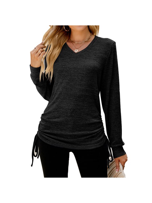 Blouses for Women Business Casual Cotton Side Drawstring Shirt Ruched Long Sleeve V Neck Tops