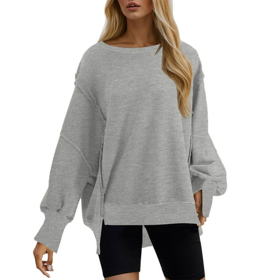 Blouses for Women Business Casual Winter Loose Fit Crewneck Long Sleeve Puff Drop Shoulder Curve Hem Solid Color Leisure Ribbed Knit Tops Top(Grey,M)