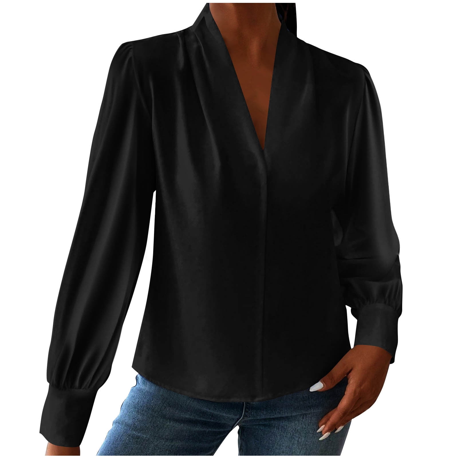 Blouses for Women Business Dressy Casual Satin Silk V Neck Long Sleeve ...