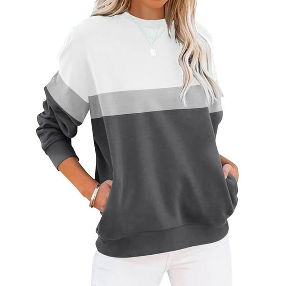 Blouses for Women Business Women's Fashion Casual Long Sleeve Color Blocking With Pocket Pullover Sweatshirt Top