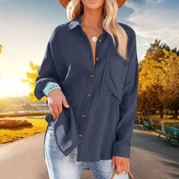 Blouses for Women Business Women's Fashion Solid Color Loose Casual Single-Breasted Long Sleeve Shirt