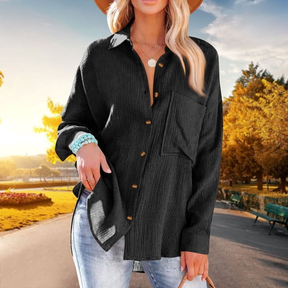 Blouses for Women Business Women's Fashion Solid Color Loose Casual Single-Breasted Long Sleeve Shirt