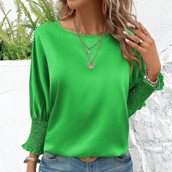 Blouses for Women Business Women's Solid Colour Round Neck Range Sleeve Casual Loose T-Shirt Shirt Top