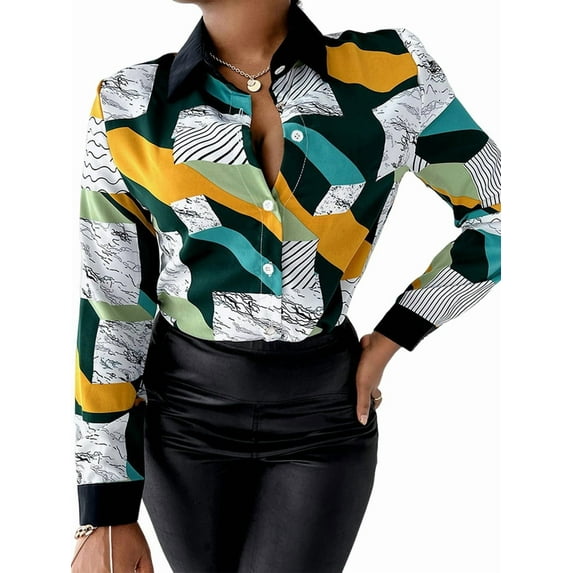 Blouses for Women Button Down Fashion Business Casual Long Sleeve Dressy Shirts Sexy- Tops Green Print M