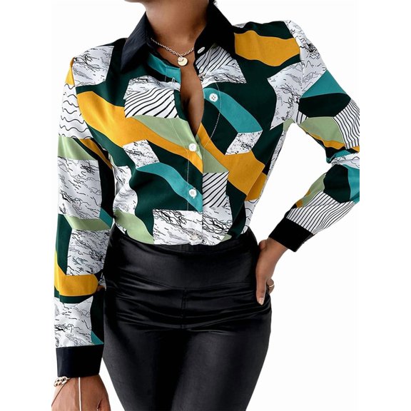 Blouses for Women Button Down Fashion Business Casual Long Sleeve Dressy Shirts Sexy- Tops Green Print XXXL