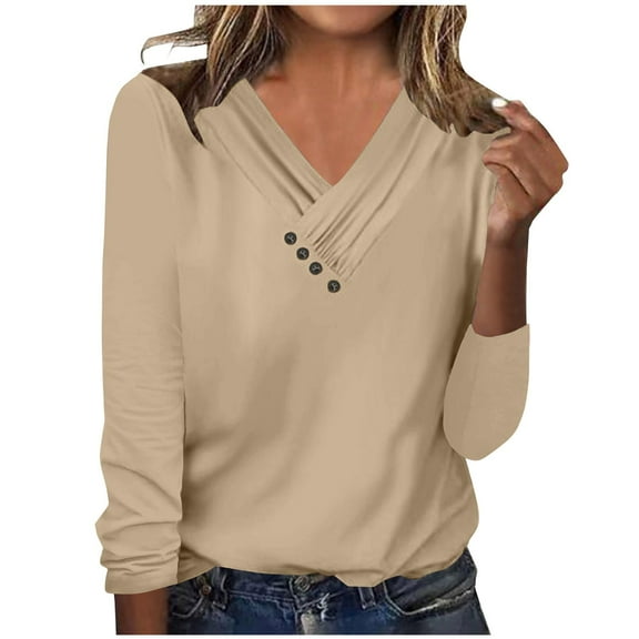 Blouses for Women Button Down Shirts Juniors Trendy Split Neck Tees Lady Long Sleeves Pure Color Tshirts Casual Loose Office Work Pullover Tops