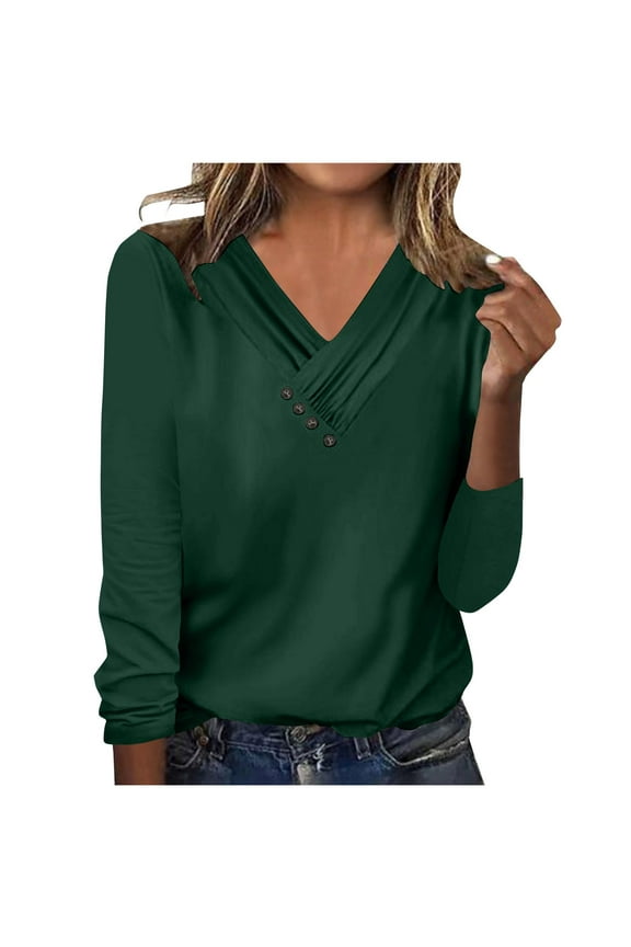Blouses for Women Button Down Shirts Juniors Trendy Split Neck Tees Lady Long Sleeves Pure Color Tshirts Casual Loose Office Work Pullover Tops