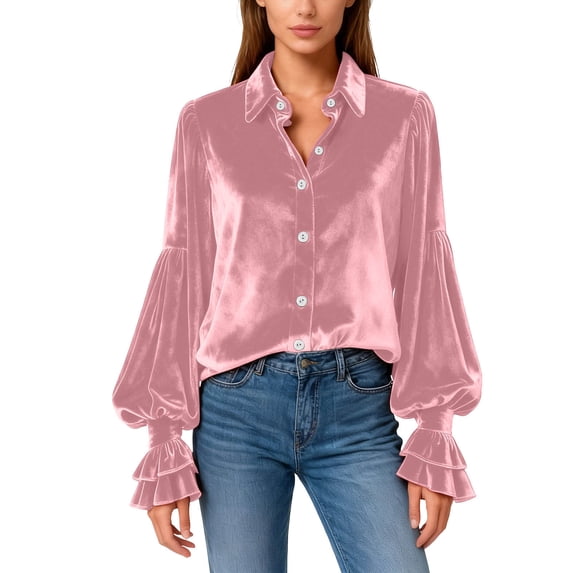 Blouses for Women Button Down Shirts Lapel Gold Velvet Shirt Long Sleeve Loose Button Tunic Summer Blouse