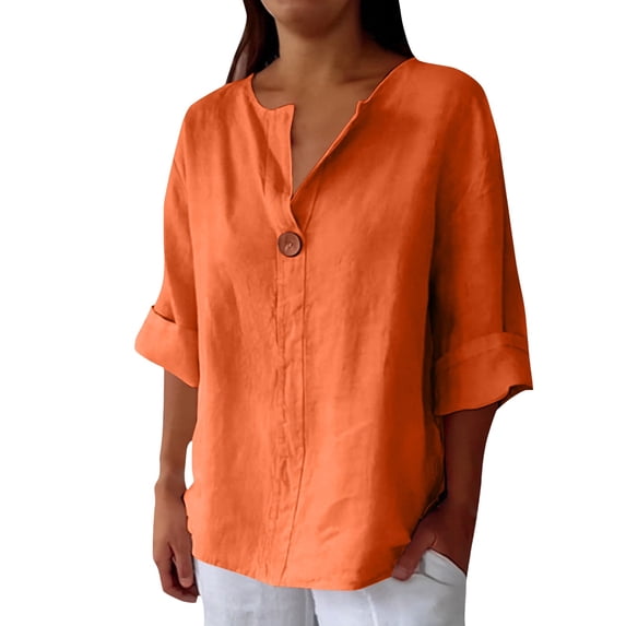 Blouses for Women Button Front Linen Style Loose Fit Three Season Daily Casual Short Sleeve Top Womens Tops