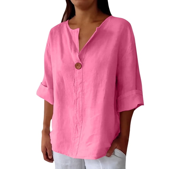 Blouses for Women Button Front Linen Style Loose Fit Three Season Daily Casual Short Sleeve Top Womens Tops