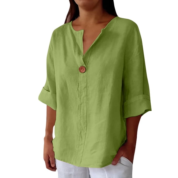 Blouses for Women Button Front Linen Style Loose Fit Three Season Daily Casual Short Sleeve Top Womens Tops
