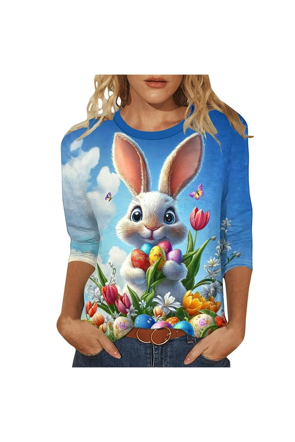 Blouses for Women Casual,Easter Shirts for Women 3/4 Sleeve Crewneck Cute Shirts Graphic Print Tunic Tops Happy Easter Day T-Shirts 2025