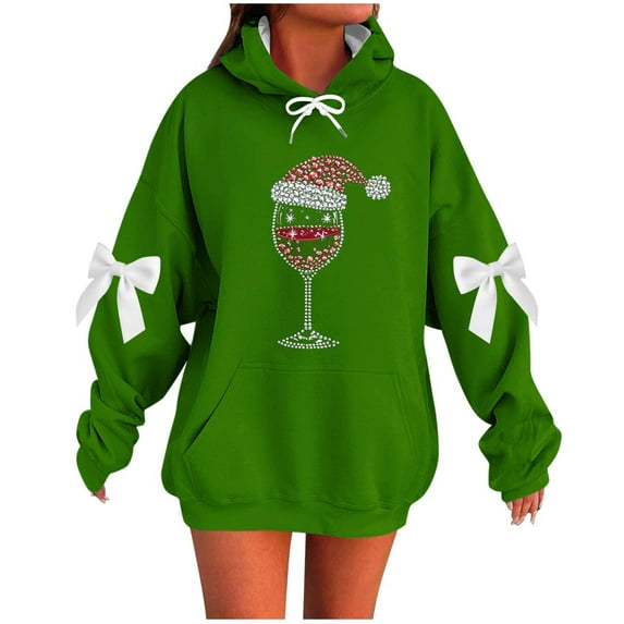 Women Bow Christmas Sweatshirt Red Wine Glass with Santa Hat Print Cute Blouse Plus Size Holiday Pullover Tops