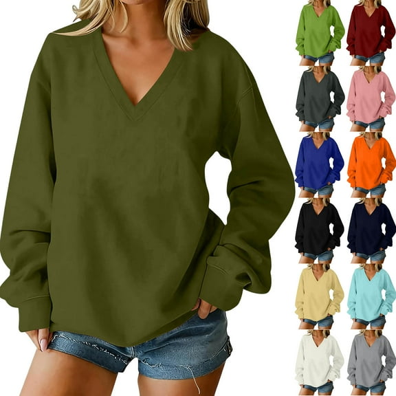 Blouses for Women Casual Long Sleeve V-Neck Solid Color Womens Fall Tops Lightweight Loose T-shirt Pullover Outerwear S-2XL