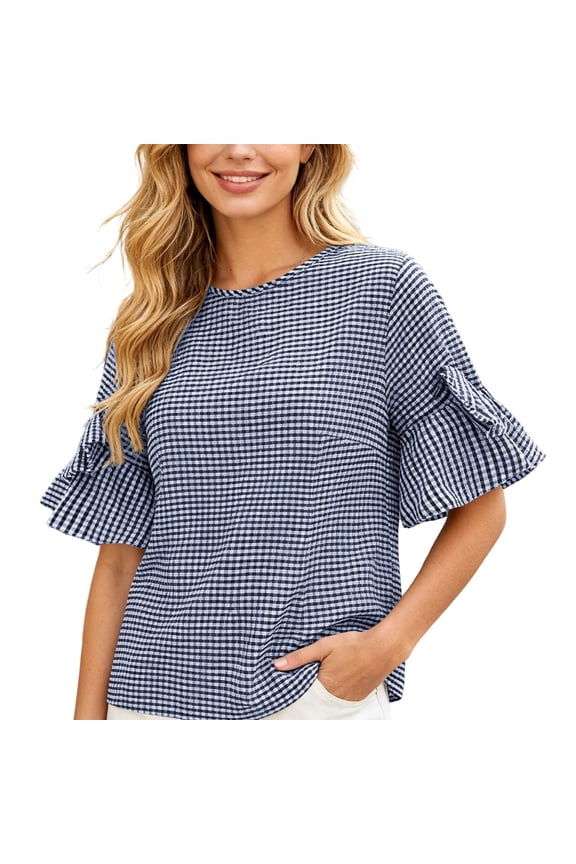 Blouses for Women Casual,Plaid Shirts for Women Gingham Top Checkered 3/4 Ruffle Sleeve T-shirt Round Neck Spring Tops