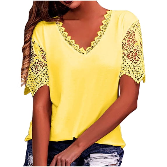 Blouses for Women Casual Short Sleeve V Neck Lace Stitching Solid Cplor Pullover Blouse T Shirt Tops