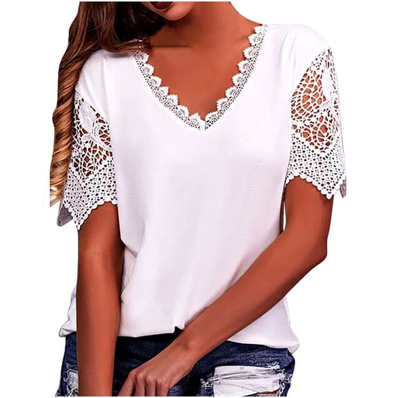 Blouses for Women Casual Short Sleeve V Neck Lace Stitching Solid Cplor Pullover Blouse T Shirt Tops