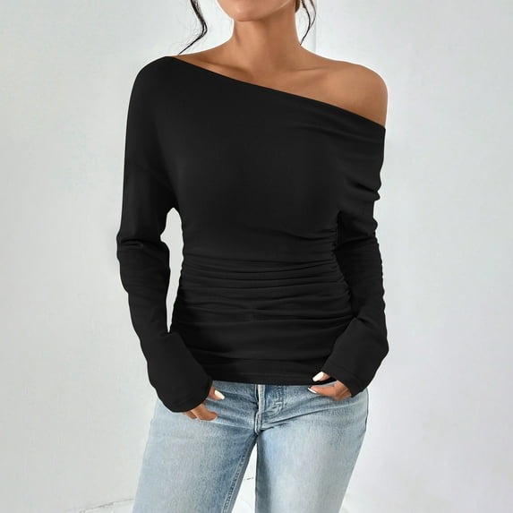 Blouses for Women Casual Solid Color Slanted Collar Off Shoulder Long Sleeved Top