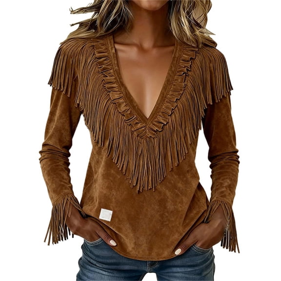 Blouses for Women Casual Suede Fringe Western Long Sleeve Button Down Retro Shirt Trendy Tops Brown L
