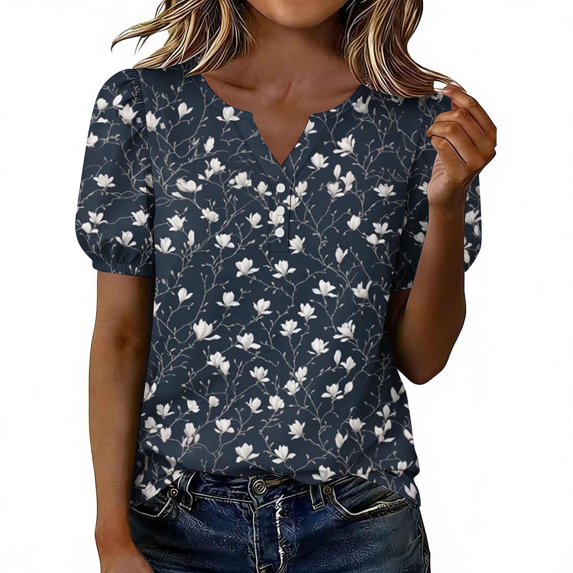Blouses for Women Casual V Neck Short Sleeve Button Shirts Summer Loose Fit Floral Tops Plus Size Fashion