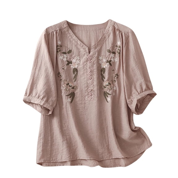 Blouses for Women Casual Women Tops Casual Women's Imitation Linen Embroidered Blouses Button Short Sleeved V-Neck Top Pink XL